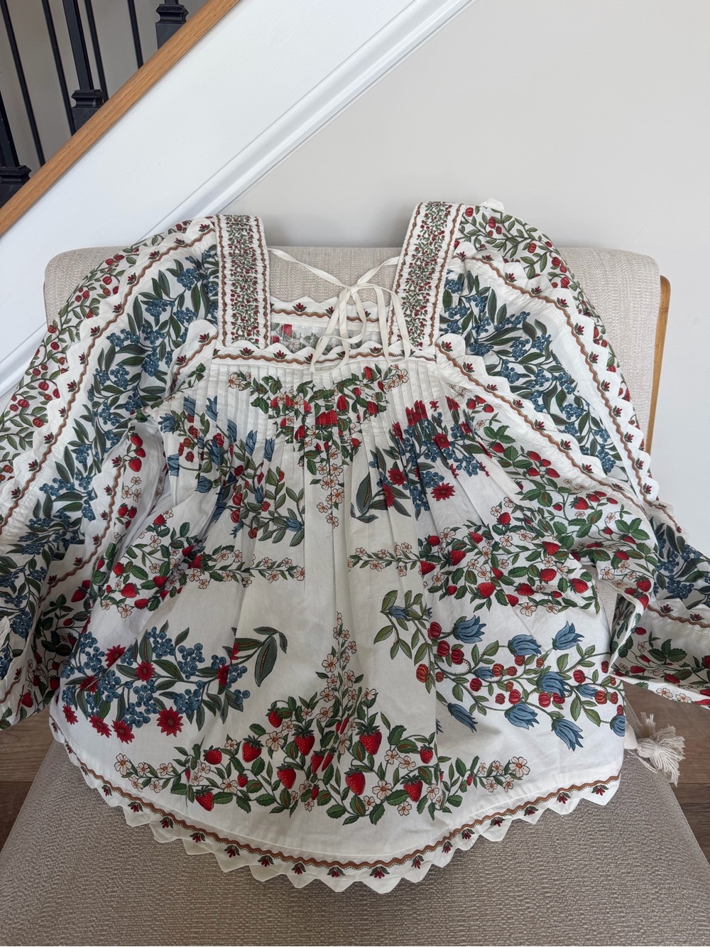 Farm Rio Boho Floral Peasant Top in Cream with Red & Green Print